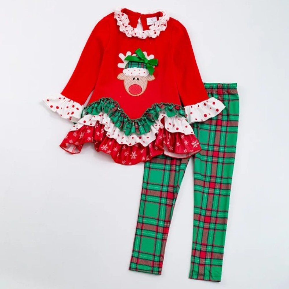Boutique Reindeer Ruffle Tunic Dress & Leggings Girls Christmas Outfit
